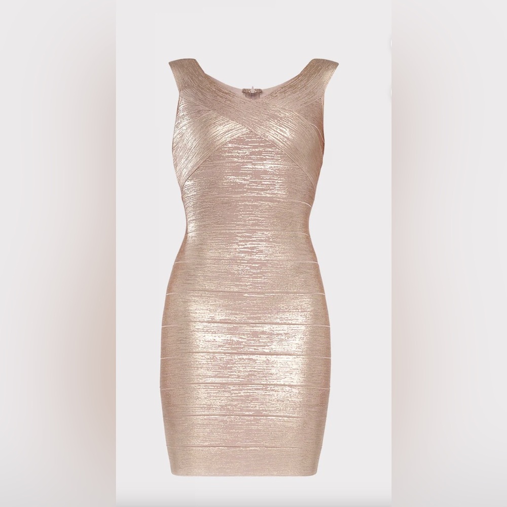 Herve Leger Rose Gold Criss Cross off the Shoulder Bandage Dress NWT